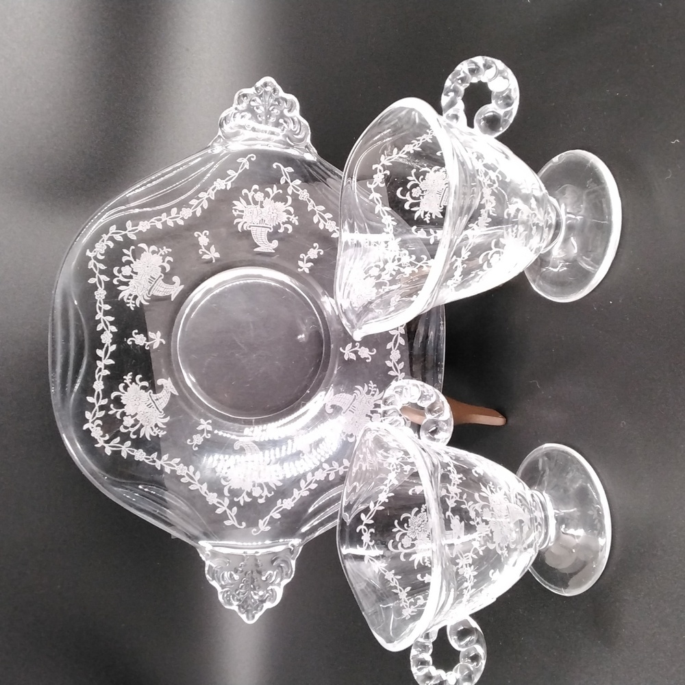 Fosteria Mayflower Pattern Plate, Sugar & Creamer
